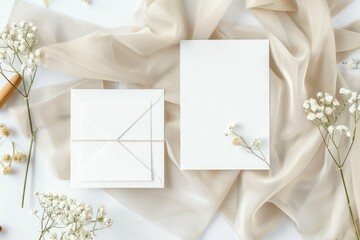 Two wedding invitation cards mockup, front and back sides, blank card mock up with stylish decor