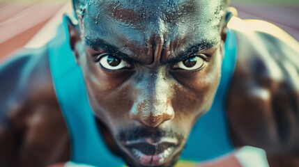 Close-up of a male decathlete in the midst of a race with intense focus and determination