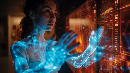 A high-tech fitness trainer guiding a holographic workout session in a gym 