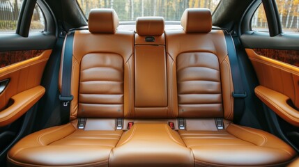 Obraz premium Brown rear leather seats of a modern business class car. Luxury car interior
