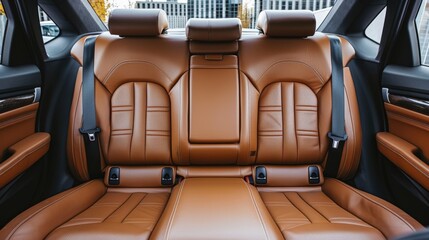 Brown rear leather seats of a modern business class car. Luxury car interior
