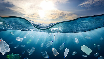 Plastic waste floating among the waves ocean background on digital art concept, Generative AI.