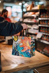 Custom Shopping Bag with Bold Logo Handed Over at Store Counter for Promotional Design Use