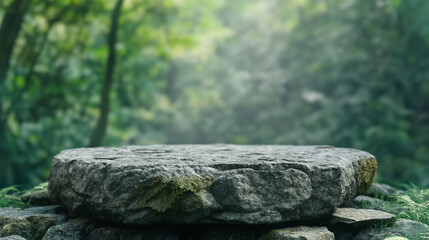 Obraz premium Simple and minimalist Rounded empty podium mockup made of stone covered with moss for products display with green forest on the background