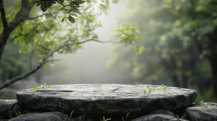 Simple and minimalist Rounded empty podium mockup made of stone covered with moss for products display with green forest on the background