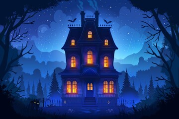 Digital icon of a haunted house with a creepy forest border, animated smoke and flickering windows