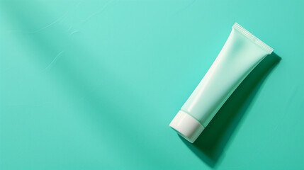 top view of a blank tube on a turquoise background  with soft shadows, summer skincare, and protection 