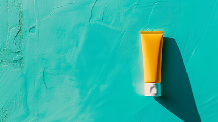 top view of a blank yellow tube on a turquoise background in the midday sun with harsh shadows, summer skincare and protection 