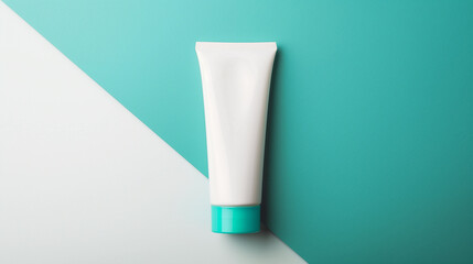 top view of the blank white tube with makeup product on a minimalistic white and blue background