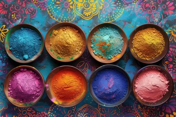 Colorful Holi festival powder in bowls on background with indian pattern, colorful powder for holly day and color splash effect, top view, high resolution photography