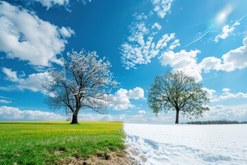 Fototapeta premium Winter and autumn landscape with blue sky. Concept of change season