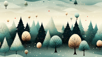 Watercolor snowy winter woods with balloons and winter forest background for greeting card, invitation, crafts, scrapbooking
