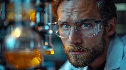 An innovative scientist in a transparent lab, conducting experiments with equipments 