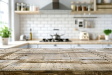 Wood table top on blurred kitchen background. can be used mock up for montage products display or design