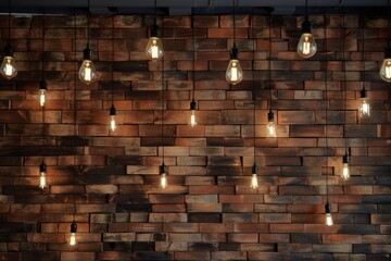 wood wall with bulb lights lamp. nice brick show room with spotlights