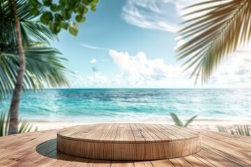 Wooden pedestal of free space for your decoration and summer landscape of beach