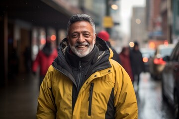 Fototapeta premium Portrait of a happy indian man in his 60s wearing a windproof softshell in busy urban street