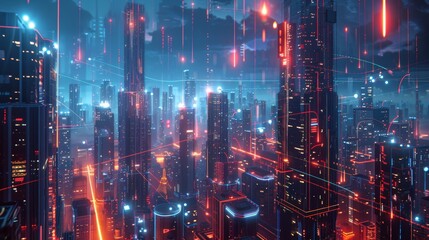 Futuristic Cityscape with Digital Data Flows Representing a Smart Connected City Design