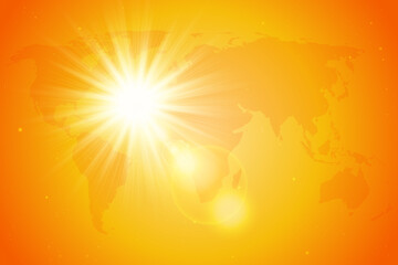 Abstract orange sun background with world map. Summer heat warning, world climate change concept