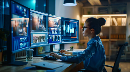 Obraz premium Portrait of a young office employee working at a large laptop computer with multiple screens. IT specialist at his desk in a dark modern office.