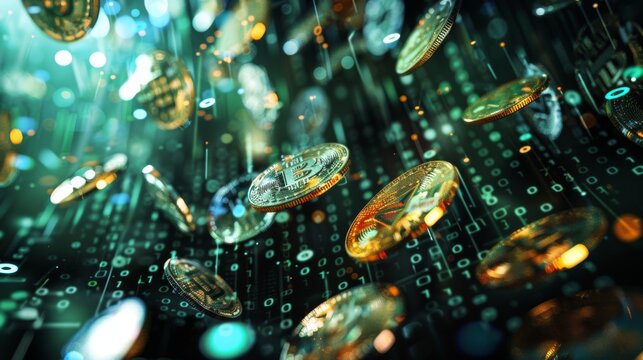 Futuristic Digital Currency Representation with Floating Coins and Binary Code Elements - Powered by Adobe