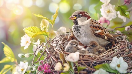 Naklejka premium Sparrow with Chicks in Blossoming Tree