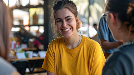 Obraz premium Radiant Young Woman Enjoying Conversation with Friends at Cafe