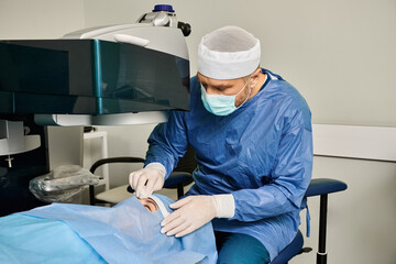 Fototapeta premium A skilled surgeon in a surgical gown operating a precision machine.