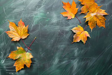 autumn yellow orange leaves lie on a school green blackboard.