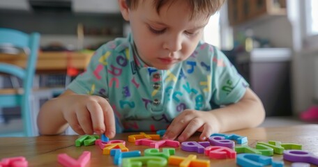 Young Child Improving Language Skills with Spelling Toy by Arranging Letters to Form Words