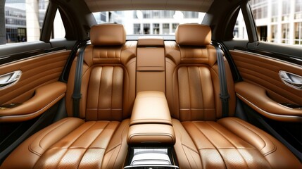 Fototapeta premium Brown rear leather seats of a modern business class car. Luxury car interior
