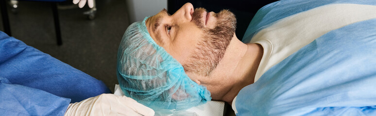 A man lays in a hospital bed, wearing a medical mask for protection.