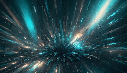 Colorful abstract explosion of light and energy, with a central burst of bright turquoise, orange, and white rays radiating outwards against a dark background