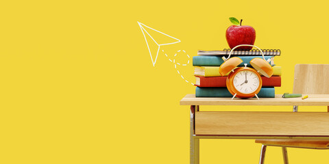 School desk with school accessory and alarm clock on yellow background with copy space. 3D Rendering, 3D Illustration	