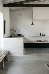 Minimalist Kitchen Design With White Walls and Wooden Bench