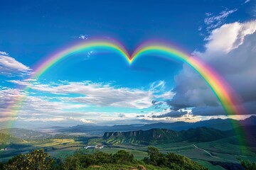 Heart-Shaped Rainbow Over Scenic Valley With Vibrant Colors and Clear Sky - Perfect for Posters or Cards