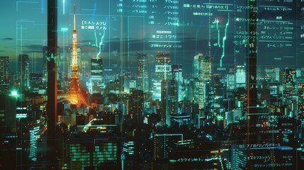 Fototapeta premium Dynamic Split-Screen of Forex Trading Activities in New York, London, and Tokyo with Skyline Views