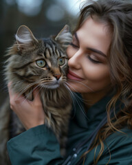 young woman cuddling her cat, close-up shot of a tender moment between a pet owner and her feline friend in a cozy setting