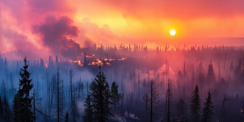 Obraz premium Sunset over burning forest in extreme heat disaster scenario