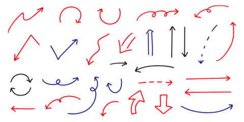 ベクターのペンの手書きの矢印セット 赤 青 黒
