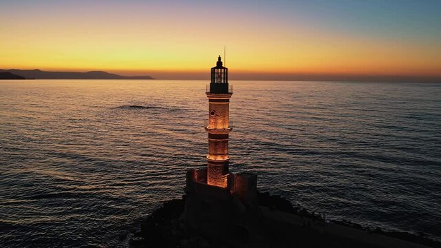 Aerial video of the iconic old  lighthouse of  chania, Crete, Greece during sunset