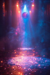 Obraz premium Atmospheric depiction of a disco dance floor with colorful lights reflecting off a disco ball, on a dark backdrop,