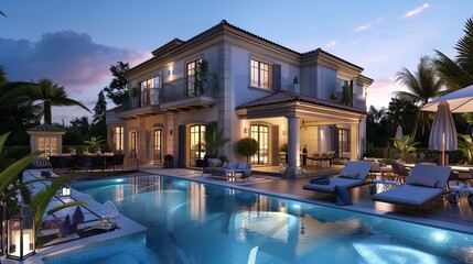 Luxury villa with swimming pool and patio furnitures at night