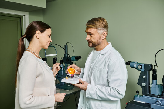 Doctor shows eye model to his patient.