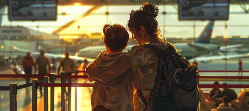 Emotional Farewell Embrace at Sunset Airport: Captured Moments of Love and Departure