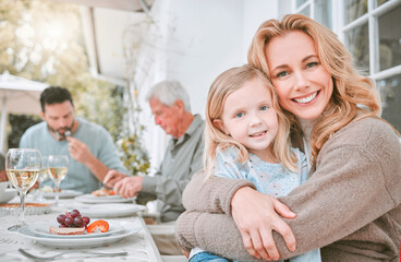 Hug, woman and girl with portrait in garden for celebration, lunch or bonding together. Family, young child and mother with embrace in backyard for birthday party, gathering or generations at home