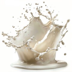 A white liquid is shown in motion against a white background. The liquid is milk, and it is splashing upward.