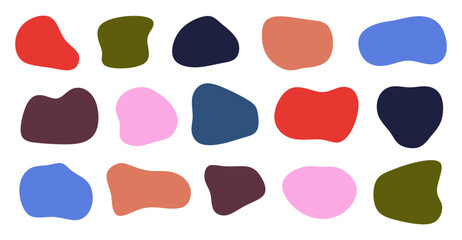 Abstract colorful liquid shapes, modern graphic design elements for presentation, flyer, cards and banner. Hand drawing colored blotch or fluid dynamic forms isolated. Flat vector illustration