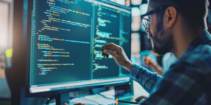 Programmer focused on coding on a computer screen, surrounded by code, representing software development.