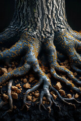 Abstract image of a tree with roots forming intricate patterns, on a black backdrop,